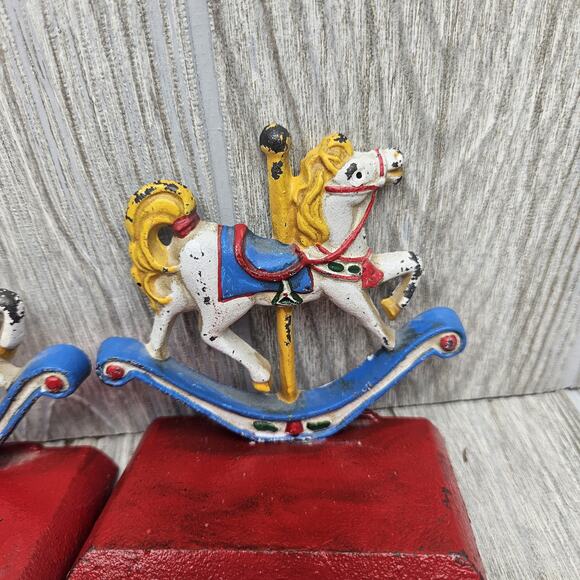 Vintage Cast Iron Rocking Horse Stocking Holders Set Christmas Decor Pair - Picture 3 of 8